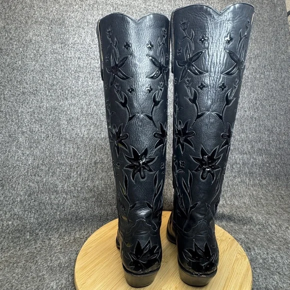 Liberty Boot Co Black Leather Cowboy Boots Sz 7B Tall Floral Cutout Western - Picture 5 of 15